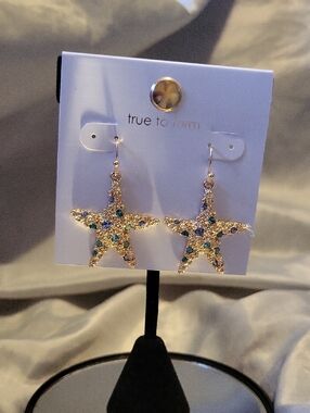 true to form Gold Starfish Drop Earrings with Blue & Green Rhinestones Te